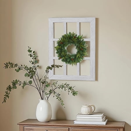 Farmhouse Window Frame Wall Decor 18 X 23 Inch, Distressed White | Hanging Handmade Wooden Rustic Rectangle Faux Window Wall Decor for Entryway Living Room Kitchen, Horizontal or Vertical