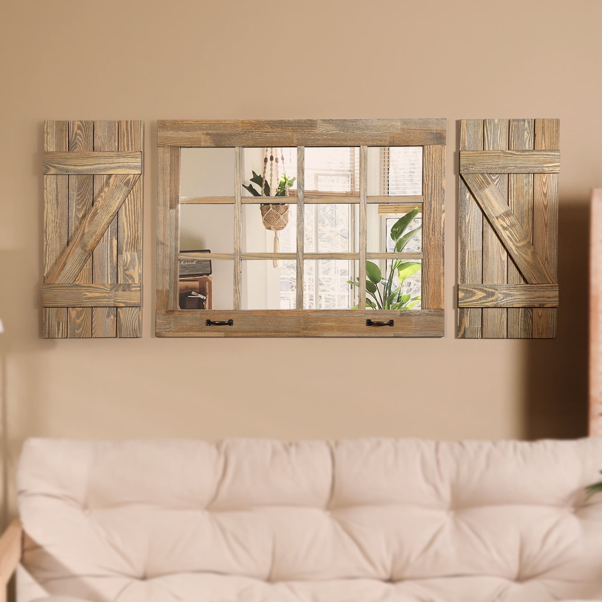 Rustic Vintage Frame Farmhouse Window Pane Mirror and Shutters