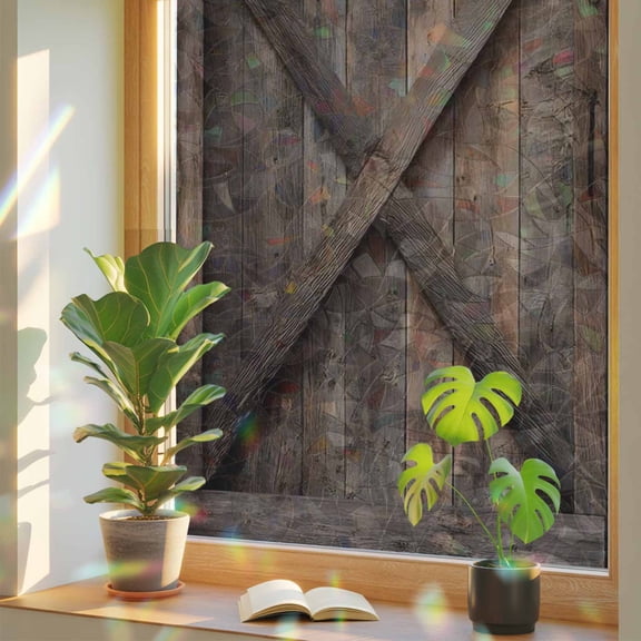 Farmhouse Window Privacy Film, Brown Country Style Barn Door Distressed Wood Grain Stained Glass Rainbow Film Decorative Window Clings, Static Cling Sun Blocking Stickers 17.7" x 39.3"