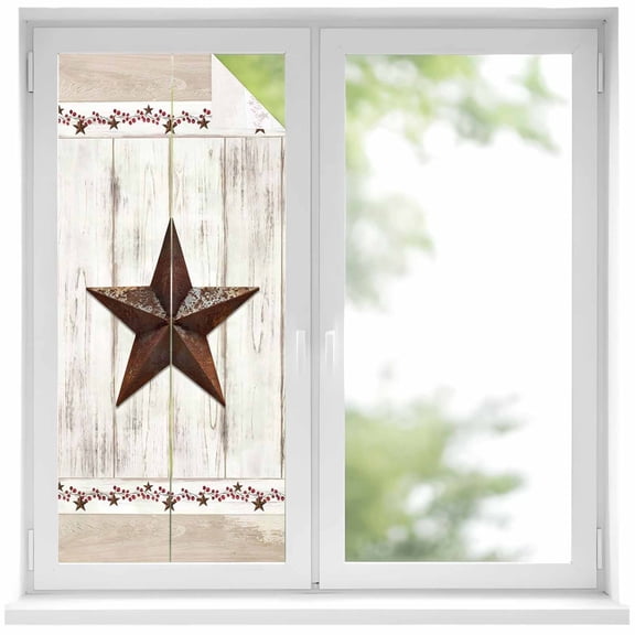 Farmhouse Window Privacy Film, Rustic Brown Country Star Barn Berry Wooden Static Cling UV Sun Blocking Heat Control Window Tint, Non-Adhesive One Way Windows Privacy Cover 17.7''x39.3''