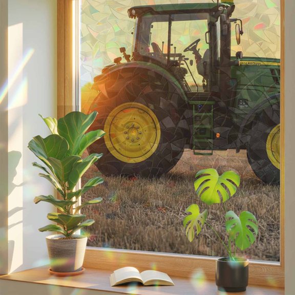 Farmhouse Window Privacy Film, Rustic Country Green Bulldozers Realistic Farmland Sunset Stained Glass Rainbow Film Decorative Window Clings, Static Cling Sun Blocking Stickers 23.6" x 59"