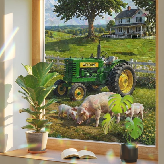 Farmhouse Window Privacy Film, Rustic Red Barn Animal Tractor Cow Rural Fence Stained Glass Rainbow Film Decorative Window Clings, Static Cling Sun Blocking Stickers 17.7" x 39.3"