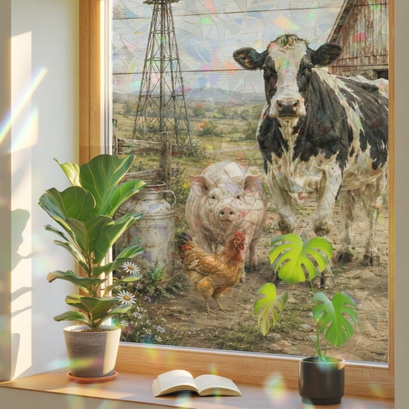 Farmhouse Window Privacy Film, Sheep Goose Cow Pig Barn Rustic Countryside Stained Glass Rainbow Film Decorative Window Clings, Static Cling Sun Blocking Stickers 19.6" x 39.3"