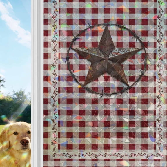 Farmhouse Window Privacy Film Stain Glass,Reusable Decorative Rainbow Window Film,Vintage Star Retro Rustic Checked Grid Lodge Static Cling Sun Blocking Stickers Decals Covers 23.6" x 59" (2pcs)