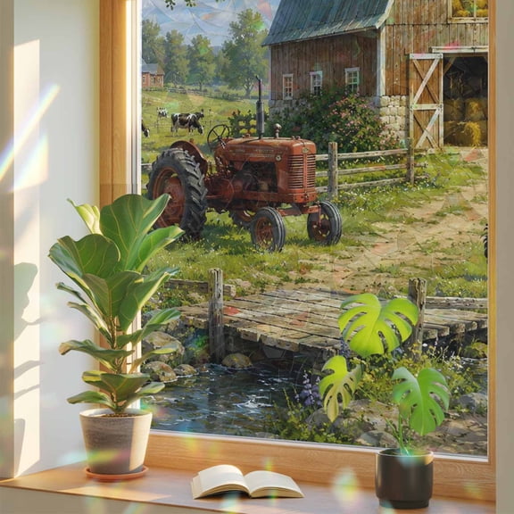 Farmhouse Window Privacy Film, Wooden Barn Red Tractor Country Natural Landscape Static Cling Stained Glass Window Sticker Decorative Removable Rainbow Film for Glass 17.7”x39.3”