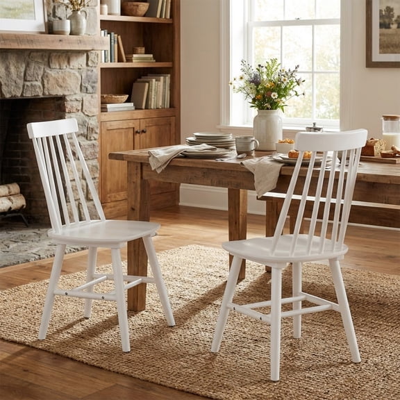 ATOMSPACE Windsor Dining Chairs Set of 2, Farmhouse Solid Wood Spindle Back Chair for Kitchen & Dining Room, White