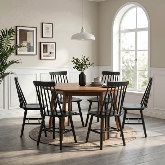 Farmhouse Windsor Dining Chairs Set of 6, Solid Wood Spindle Back Rustic Kitchen Chairs for Dining Room, Black