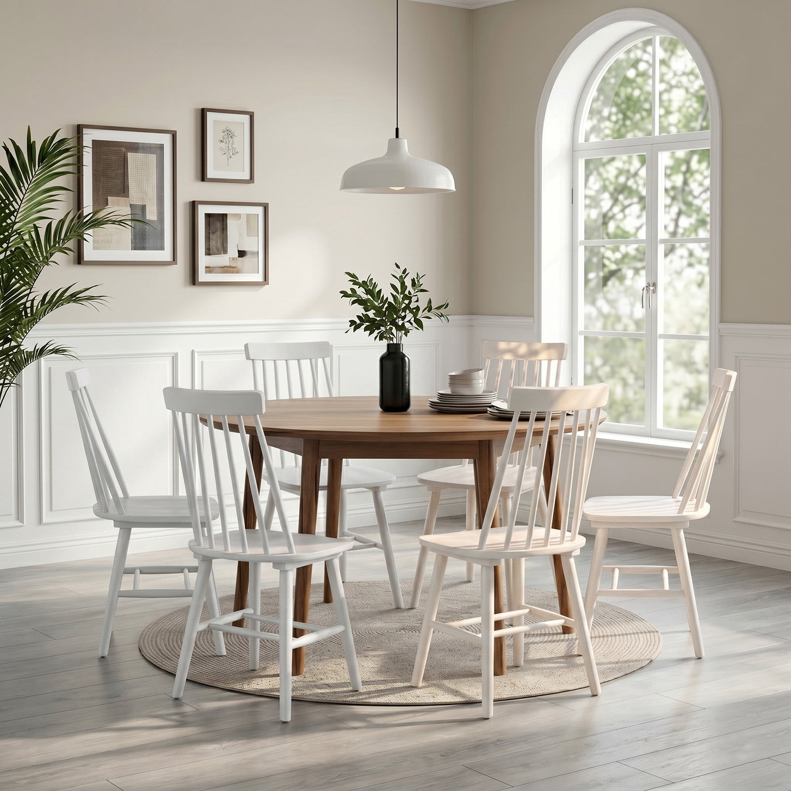 Farmhouse Windsor Dining Chairs Set of 6, Solid Wood Spindle Back Kitchen Chairs for Dining Room, White