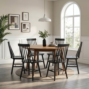 Farmhouse Windsor Dining Chairs Set of 6, Solid Wood Spindle Back Rustic Kitchen Chairs for Dining Room, Black