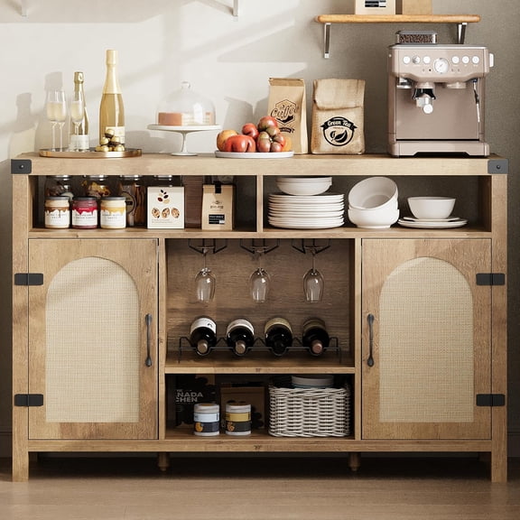 Farmhouse Wine Bar Cabinet, 52 in Rattan Coffee Bar with Adjustable Storage Shelves, Boho Liquor Sideboard with Wine Racks for Living, Dining Room, Kitchen