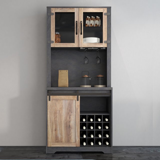 Farmhouse Wine Bar Hutch Storage with Sliding Barn