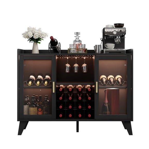 Farmhouse Wine Bar Cabinet With Led Lights, Home Coffee Bar Cabinet With Wine Racks and Glass Holders, Modern Buffet Sideboard With Acrylic Doors and Drawer for Dining Room, Bar, Living Room