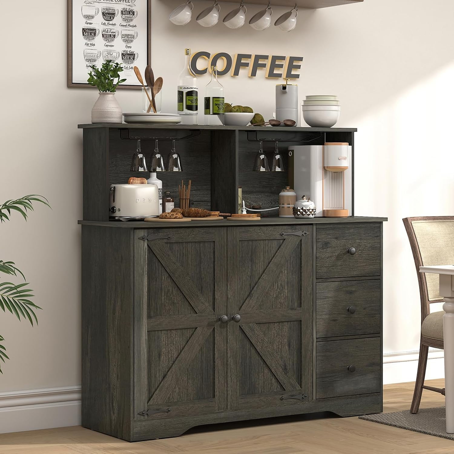 Farmhouse Wine Bar with Power Outlet, Kitchen Sideboard Buffet