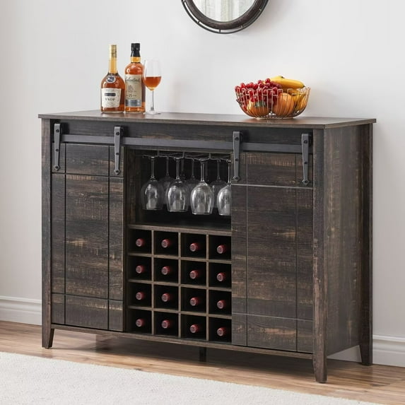 Farmhouse Wine Bar Cabinet with Sliding Barn Door, 47" Coffee Bar Cabinet with Large Storage and 16 Bottle Wine Rack for Dining, Living Room, Dark Oak