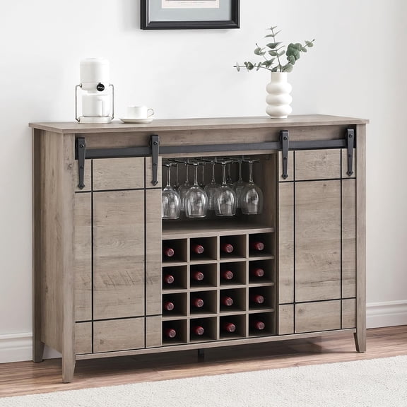 Farmhouse Wine Bar Cabinet with Sliding Barn Door, 47" Kitchen Coffee Bar Cabinet with Wine & Glass Rack, Storage Shelves, Rustic Buffet Sideboard for Dining Room, Living Room, Kitchen, Grey