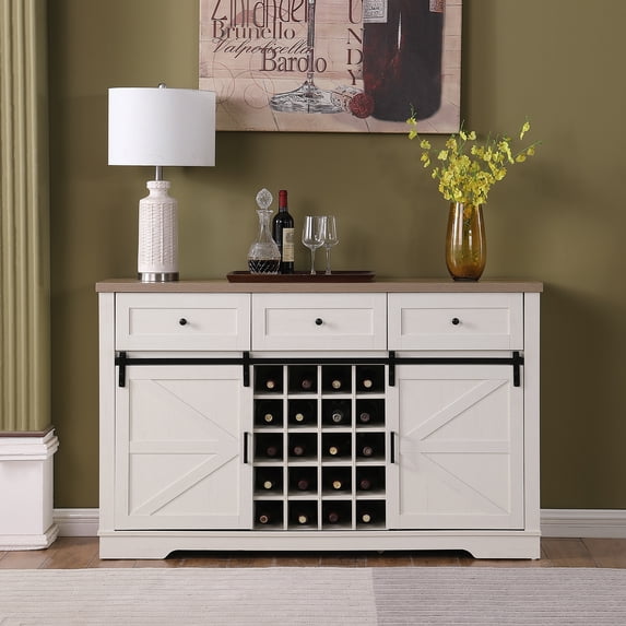 Farmhouse Wine Bar Cabinet w/Sliding Barn Door, 58" Kitchen Coffee Bar Cabinet w/Wine & Glass Rack, Storage Shelves, 3 Drawers, Rustic Large Buffet Sideboard for Dining Room, Antique White