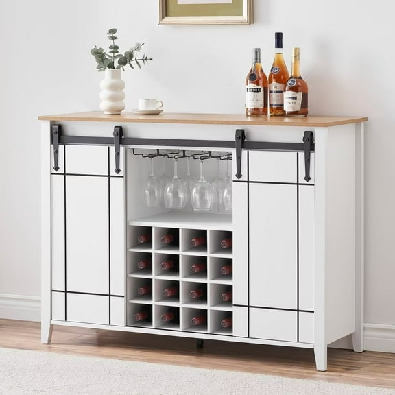 Farmhouse Wine Bar Cabinet with Sliding Barn Door, 47" Coffee Bar Cabinet with Large Storage and 16 Bottle Wine Rack for Dining, Living Room, White