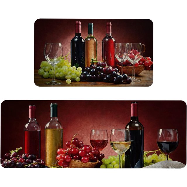 Farmhouse Wine Kitchen Rugs and Mats Set of 2, Red Wine Kitchen Mat