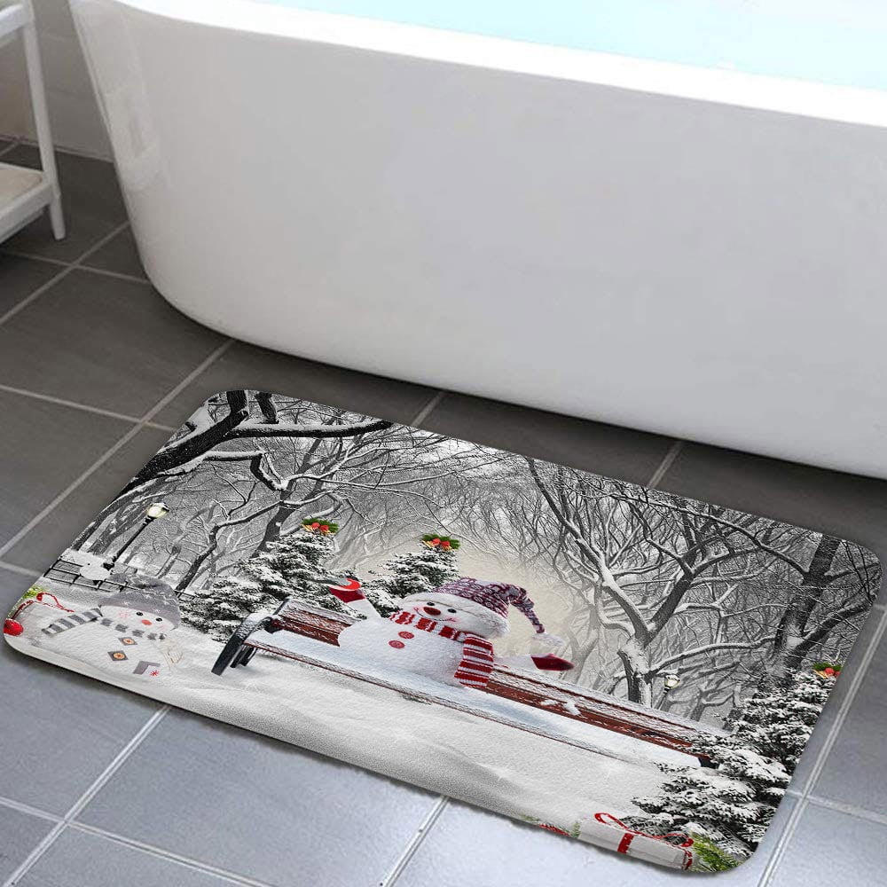 Farmhouse Winter Christmas Bath Mat, Cute Snowman in Snowy Forest Snowflake Bath Rug for Bathroom, Snow Covered Tree Forest Xmas Holiday Bath Mat Soft Non Slip Bath Rugs, 16X24IN
