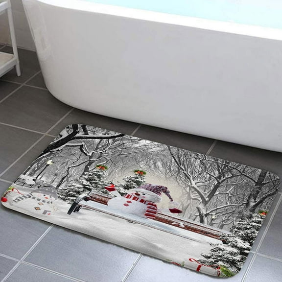 Farmhouse Winter Christmas Bath Mat, Cute Snowman in Snowy Forest Snowflake Bath Rug for Bathroom, Snow Covered Tree Forest Xmas Holiday Bath Mat Soft Non Slip Bath Rugs, 16X24IN