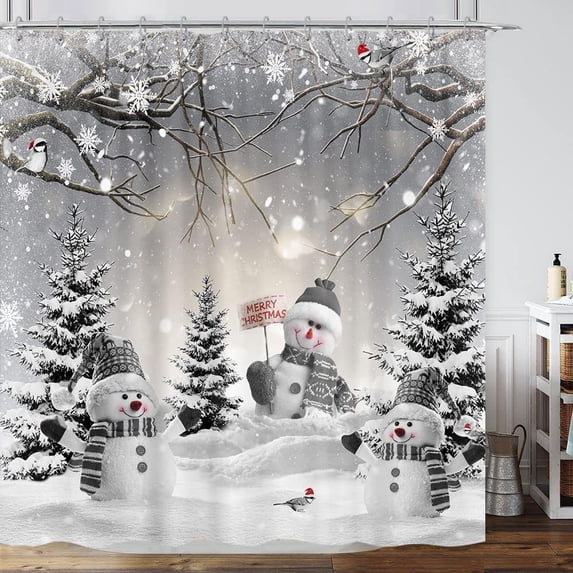 Farmhouse Winter Christmas Shower Curtain, Cute Snowman Snow Forest Pine Tree Scene Shower Curtain for Bathroom Rustic Xmas Snowflake Holiday Gray Bathroom Accessories Polyester 72"X72" with Hooks