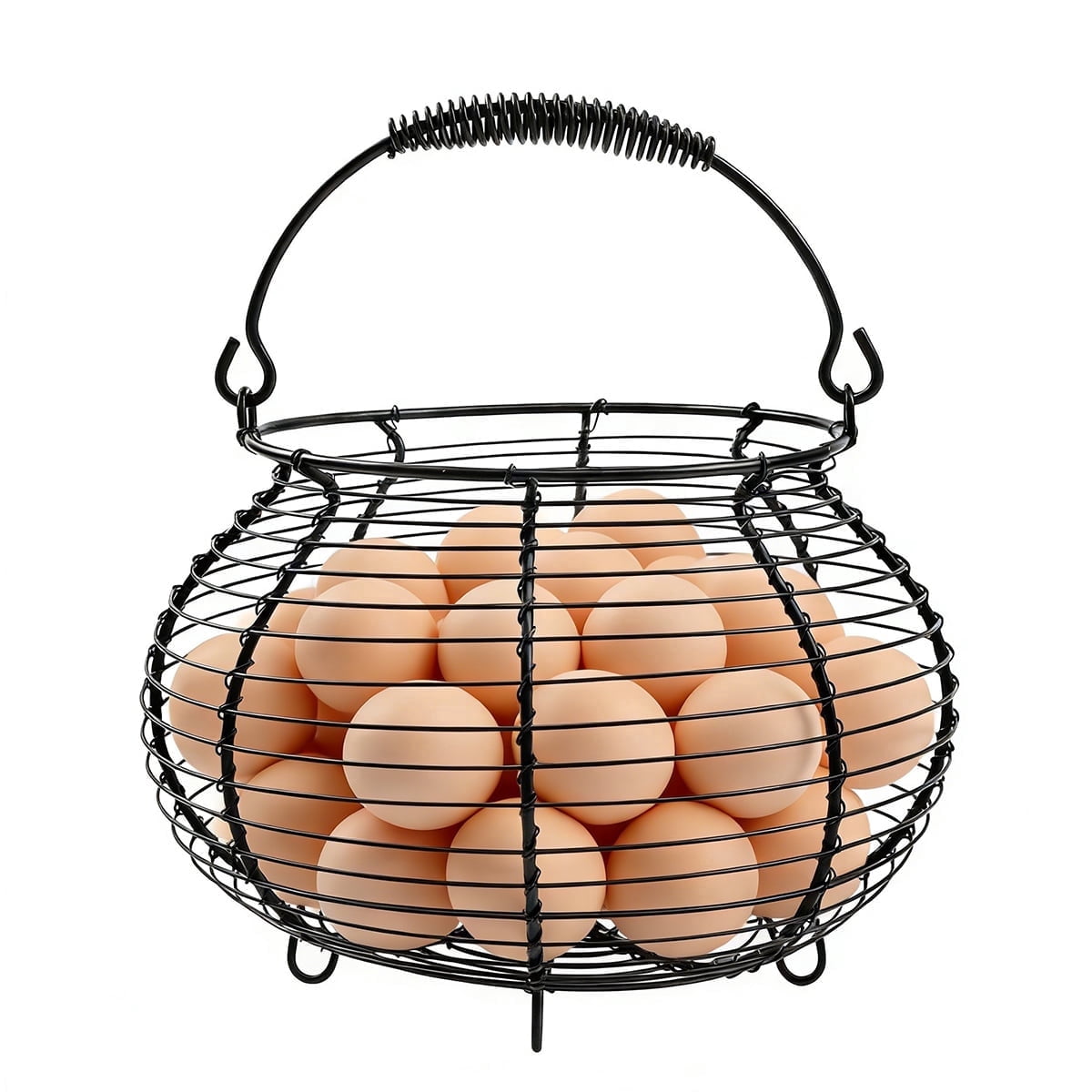 Farmhouse Wire Egg Basket with Handle - Round Metal Chicken Egg Holder for Collecting Fresh Eggs and Countertop Display