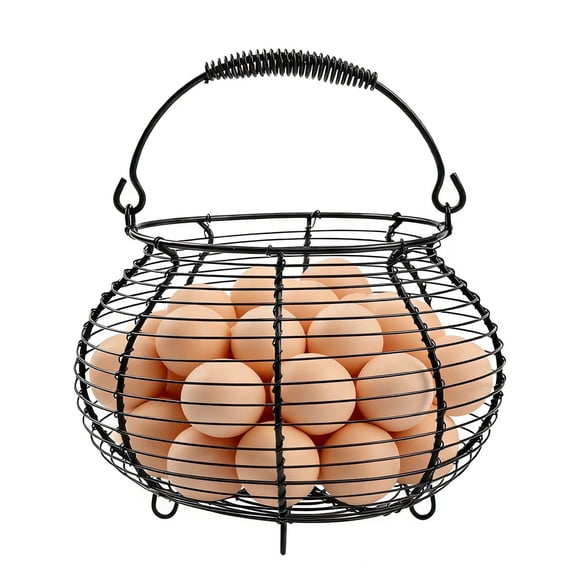 Farmhouse Wire Egg Basket with Handle - Round Metal Chicken Egg Holder for Collecting Fresh Eggs and Countertop Display