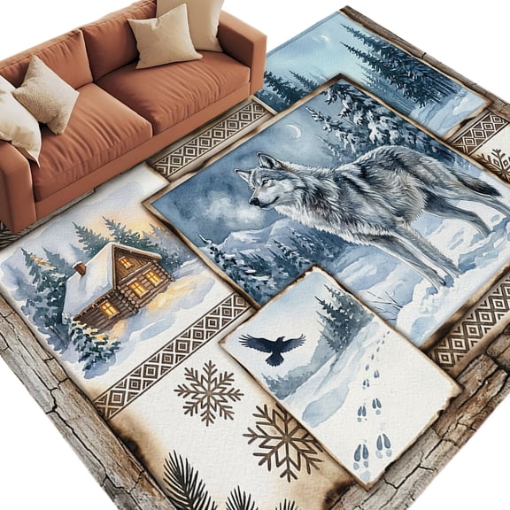 Farmhouse Wolf Area Rug 5x7 Washable Rug Non Slip Winter House Eagle Snowflake Pine Tree Large Area Rug Soft Stainresistant Indoor Floor Carpet for Living Room Bedroom Home Office Dining Room Nursery