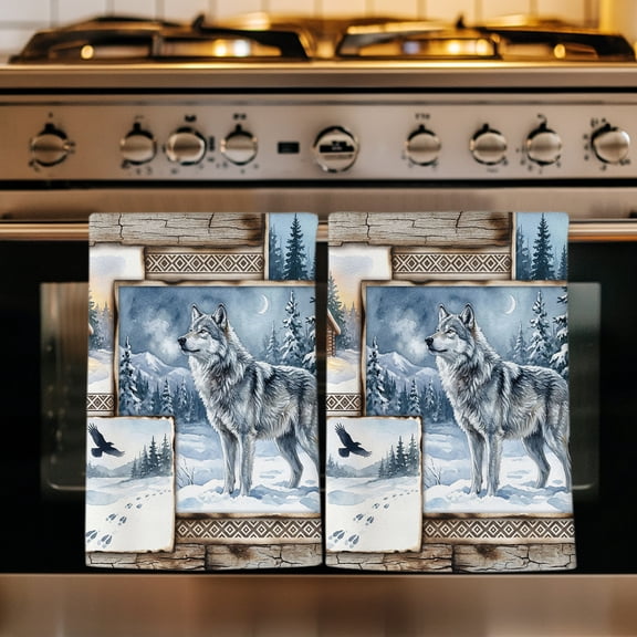 Farmhouse Wolf Kitchen Towels Set of 1, Winter House Eagle Snowflake Pine Tree Absorbent Dish Towels for Kitchen, Microfiber Hand Towel, Quick Drying Tea Towel for Cleaning Decorative Dishcloths