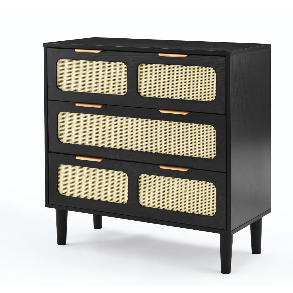 Black Solid Wood 3-Drawer Chest with Rattan Accents