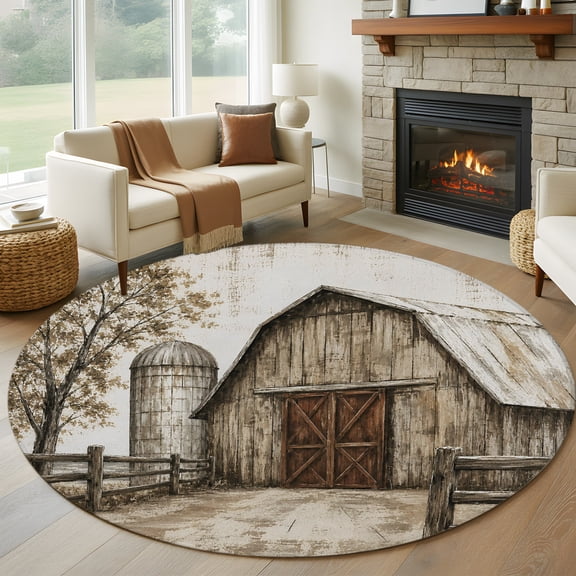 Farmhouse Wood Barn 6ft Round Rugs, Vintage Country Rustic Farm Cabin Washable Non-Slip Area Rugs for Living Room Bedroom Kitchen, Soft Low Pile Dining Room Kicthen Circle Carpet, Indoor Floor Rug