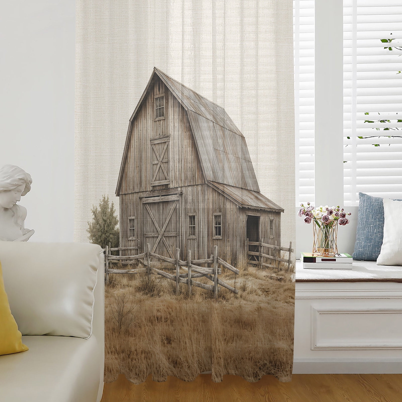 Farmhouse Wood Barn Sheer Curtains 96 Inch Length Broken Fence Linen ...