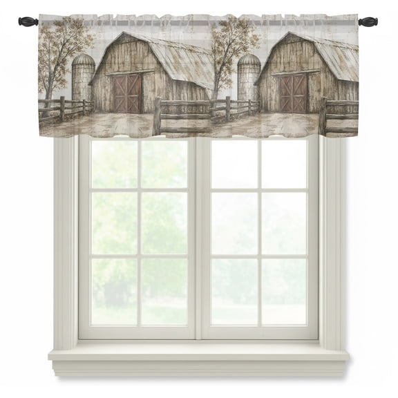 Farmhouse Wood Barn Sheer Curtains Valances for Windows Vintage Country Rustic Farm Cabin Chiffon Kitchen Valances for Cafe, Voile Window Treatments Curtains for Living Room Bedroom, 42"x12"