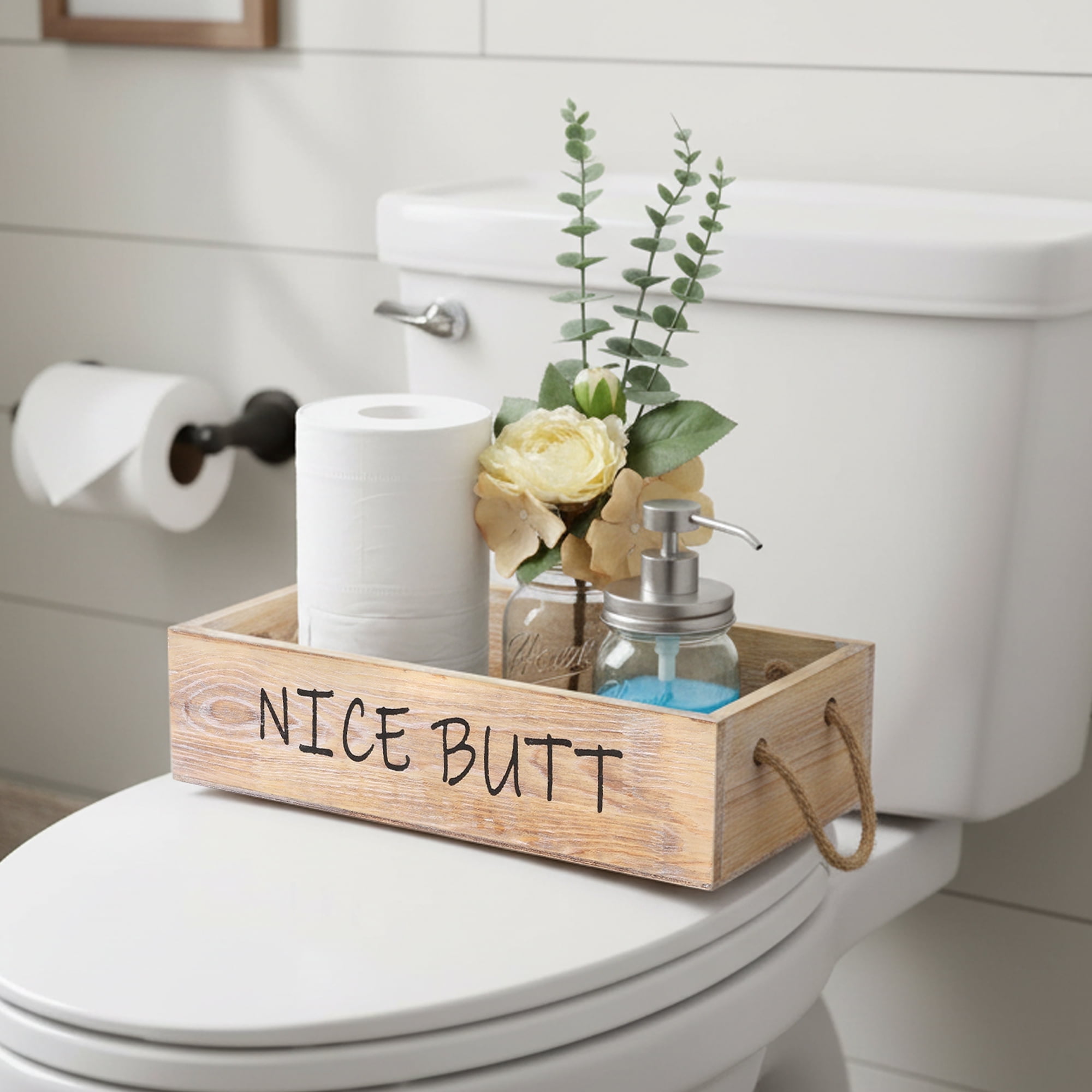 Farmhouse Wood Bathroom Tray Toilet Paper Holder, Rustic Decor Box with ...