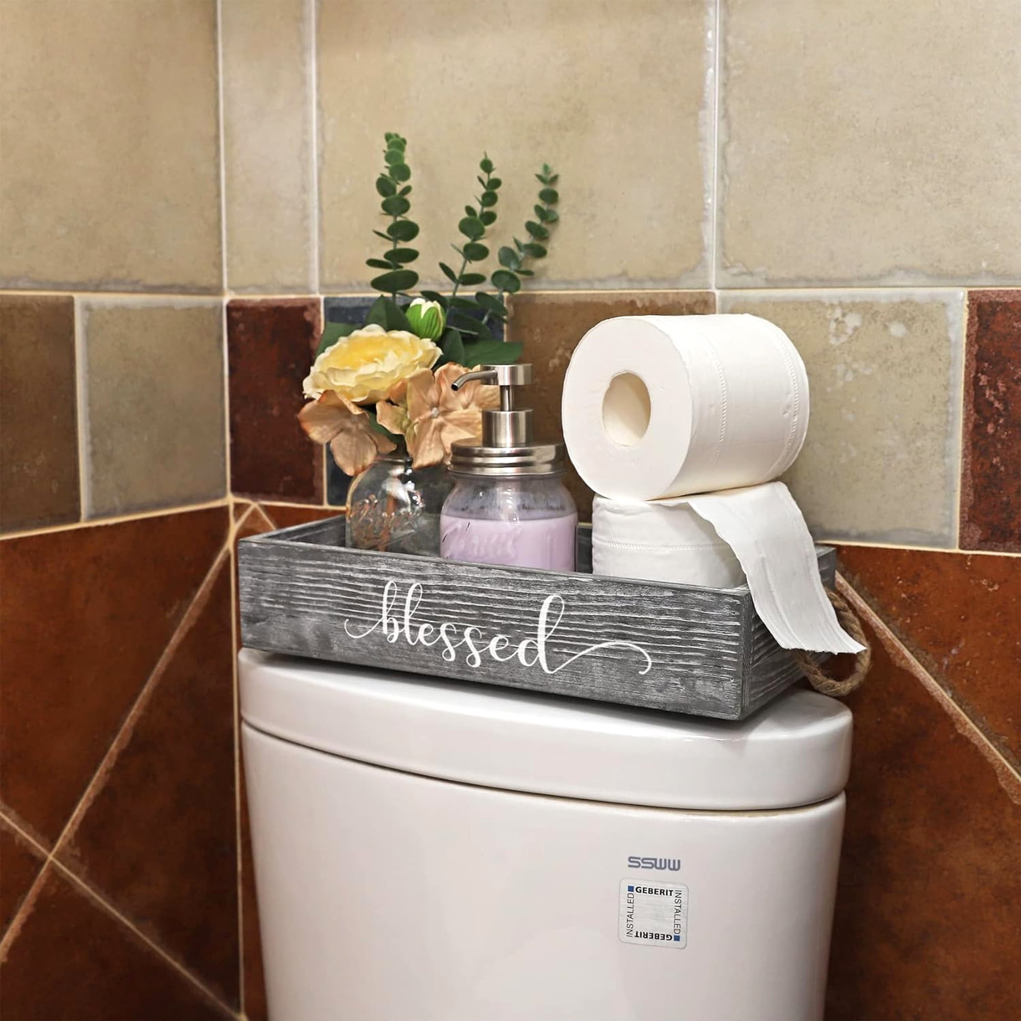 Farmhouse Wood Bathroom Tray Toilet Paper Holder with Mason Jar Soap Dispenser & Flowers, Medium Rustic Gray Over Toilet Decor