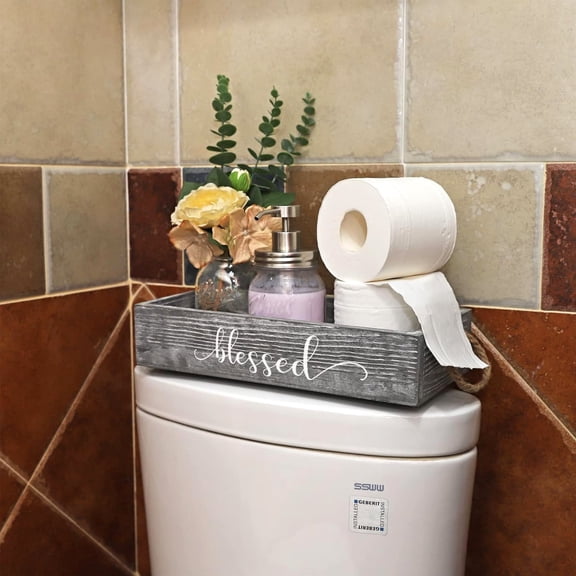 Farmhouse Wood Bathroom Tray Toilet Paper Holder with Mason Jar Soap Dispenser & Flowers, Medium Rustic Gray Over Toilet Decor