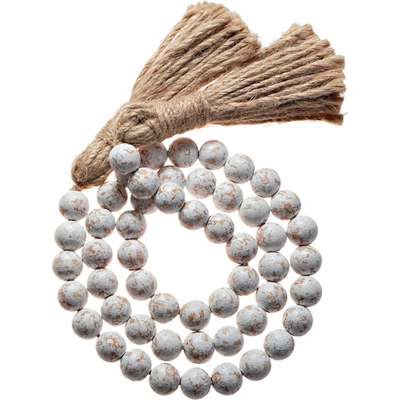 Farmhouse Wood Bead Garland Home Decor, Natural Wooden Garland for Tiered Tray, Decorative Tassel for Tier Tray, Rustic Beads Centerpiece Boho Table Decor, Beaded Accent White Washed