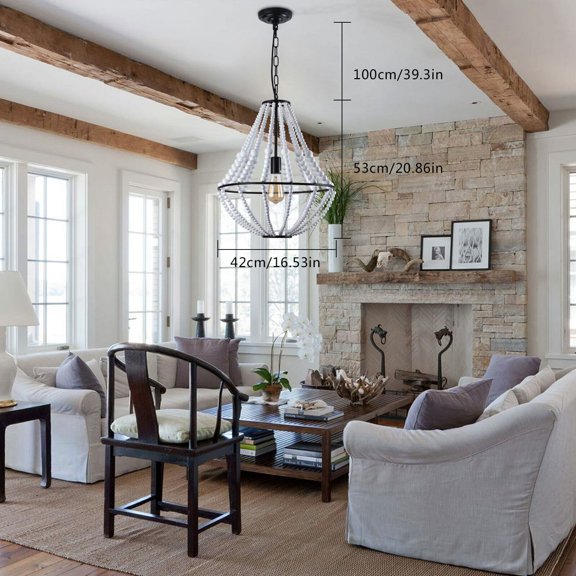 Farmhouse Wood Beaded Chandelier Modern 1-Light Boho Pendant Light Ceiling Lamp