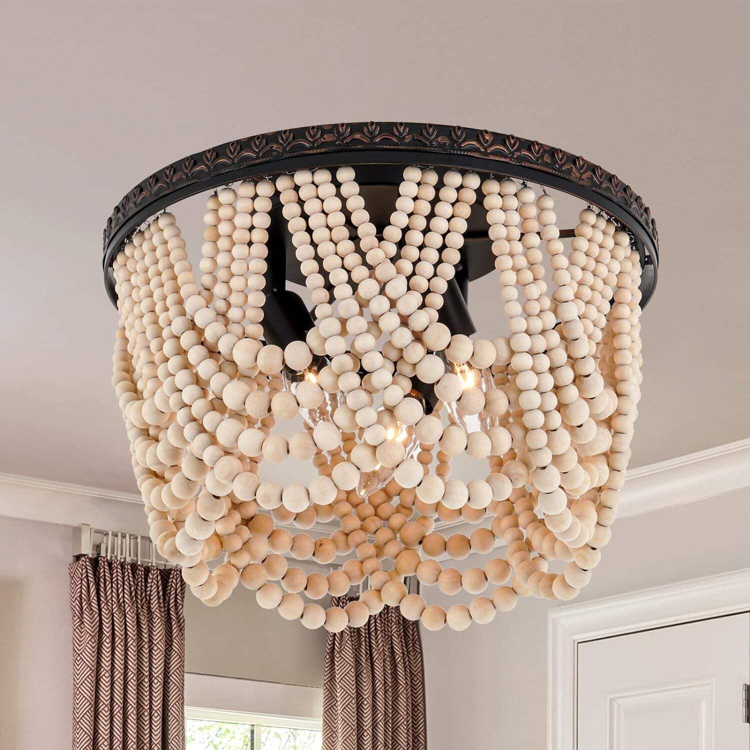 Farmhouse Wood Beaded Flush Mount Ceiling Light,3-Light Boho Wooden ...