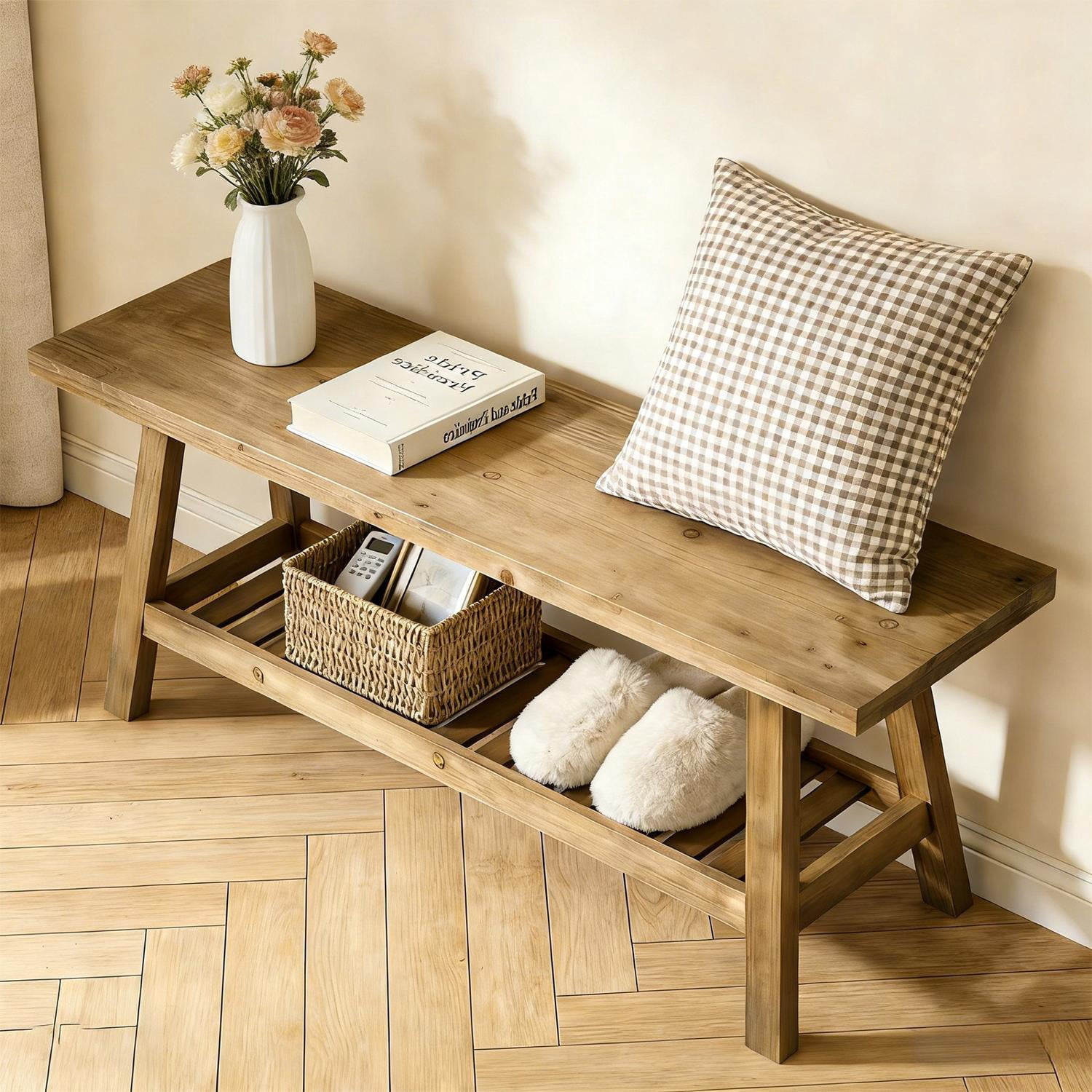 Farmhouse Wood Bench, 2-Tier Entryway Storage Bench with Open Shelf, Narrow Rustic Wooden Bench for Hallway, Living Room, Space Saver, Distressed Gray