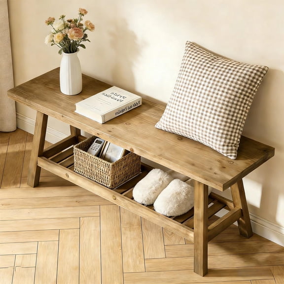 Farmhouse Wood Bench, 2-Tier Entryway Storage Bench with Open Shelf, Narrow Rustic Wooden Bench for Hallway, Living Room, Space Saver, Distressed Gray