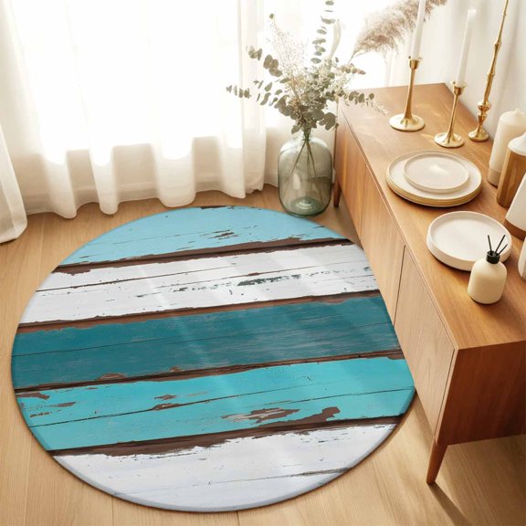 Farmhouse Wood Board Teal Gradient Round Area Rug 3ft,Living Room Rug Non-Slip Washable Circle Rugs Pad,Retro Barn Plank Soft Floor Carpet for Bedroom Dining Room