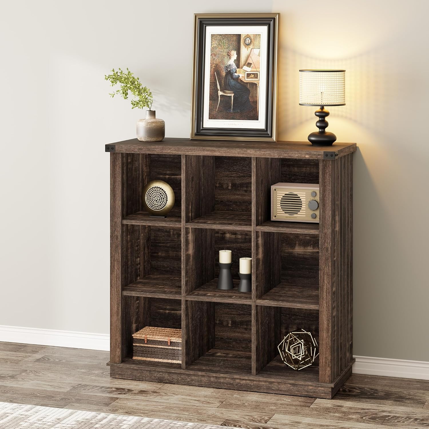 Farmhouse Wood Book Shelf, 9-Cube Storage Organizer Bookshelf, 3-Tier Minimalist Floor Standing Display Cabinet for Living Room, Bedroom, or Home Office, Grey