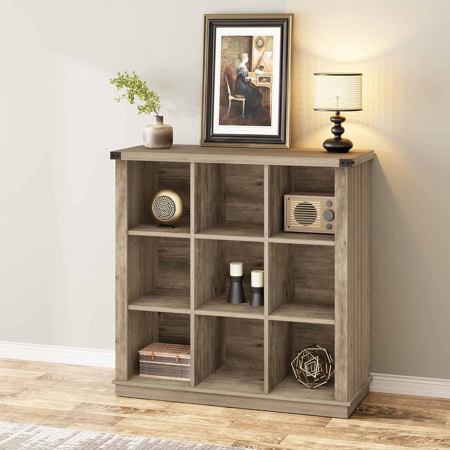 Farmhouse Wood Book Shelf, 9-Cube Storage Organizer Bookshelf, 3-Tier Minimalist Floor Standing Display Cabinet for Living Room, Bedroom, or Home Office, Grey