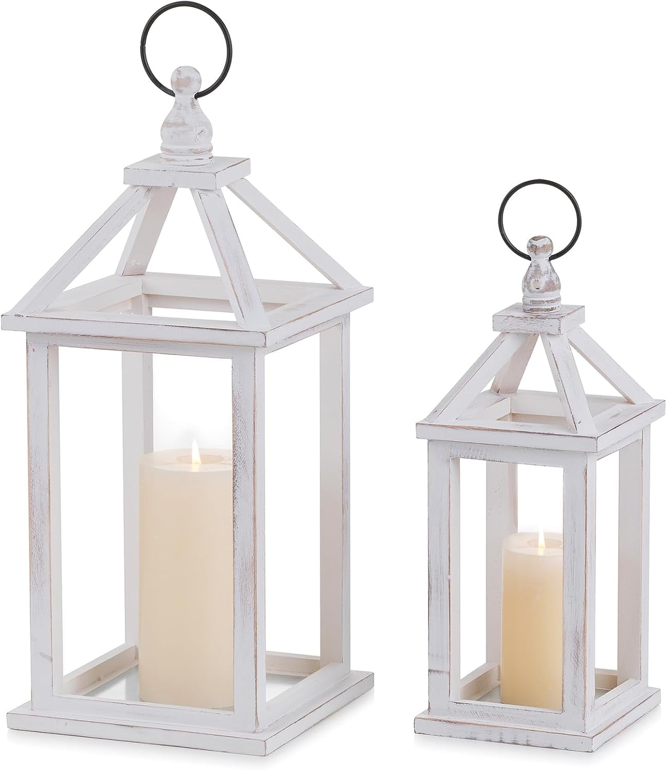 Farmhouse Wood Candle Lantern - 12" / 16" Set of 2 Rustic Wooden Lanterns Decorative Candle Holder Home Decor Wedding Table Centerpiece Indoor Outdoor Fireplace Decorations, Brown