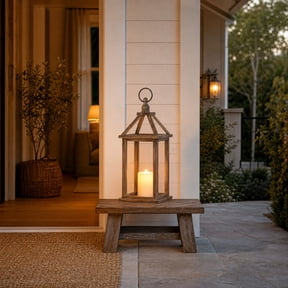 Farmhouse Wood Candle Lantern with Metal Hanging Ring,Rustic Wooden Lanterns Decorative Candle Holder Home Decor Wedding Table Centerpiece Indoor Outdoor Fireplace Decorations