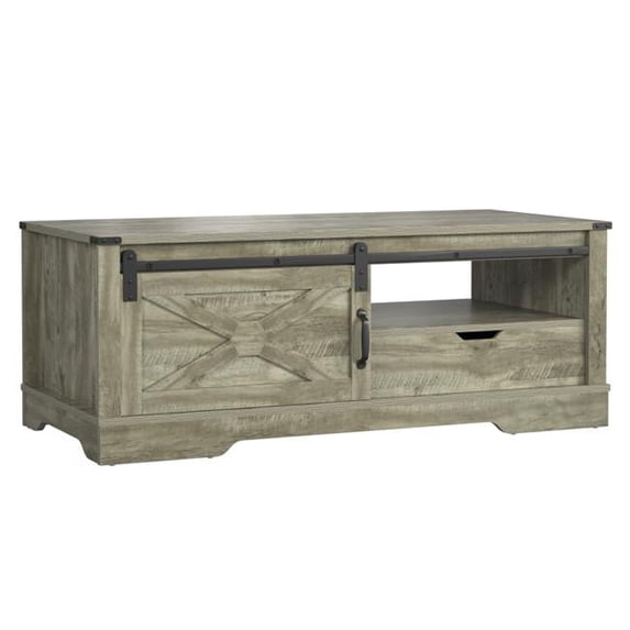 Farmhouse Wood Coffee Storage Sliding Barn Door Large Table - Light Gray