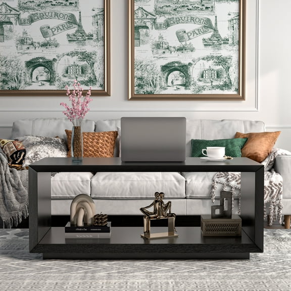 Farmhouse Wood Coffee Table, Rectangle Coffee Table, Simple 2-Tier (Black)