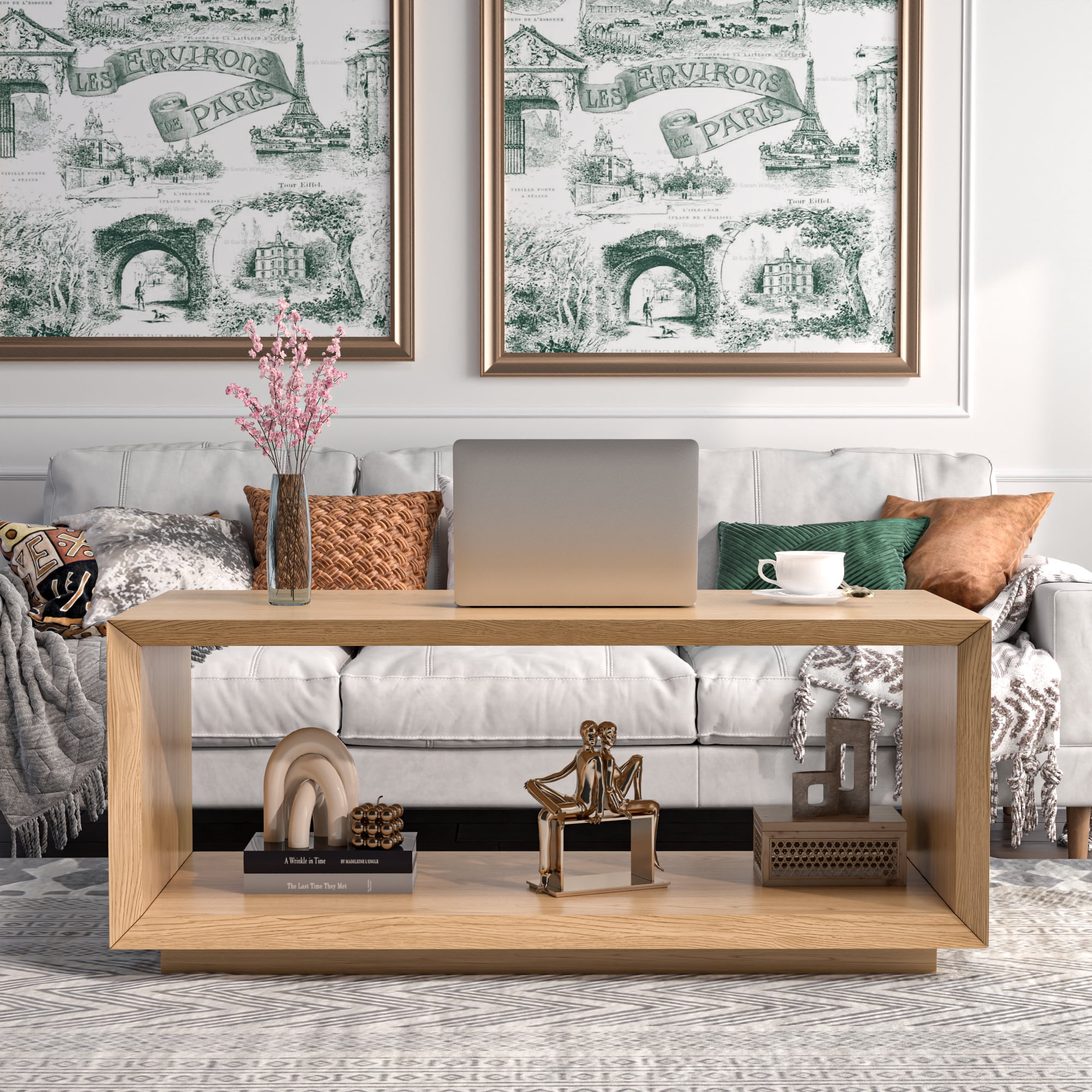 Farmhouse Wood Coffee Table, Rectangle Coffee Table, Simple 2-Tier (Oak)