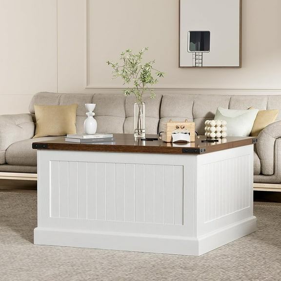 Farmhouse Wood Coffee Table with Storage, LazySpin Square Wood Coffee Tables for Living Room, White